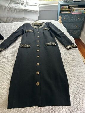 Adrienne Vittadini Black Long-Sleeve Button-Front Dress with Metallic Trim